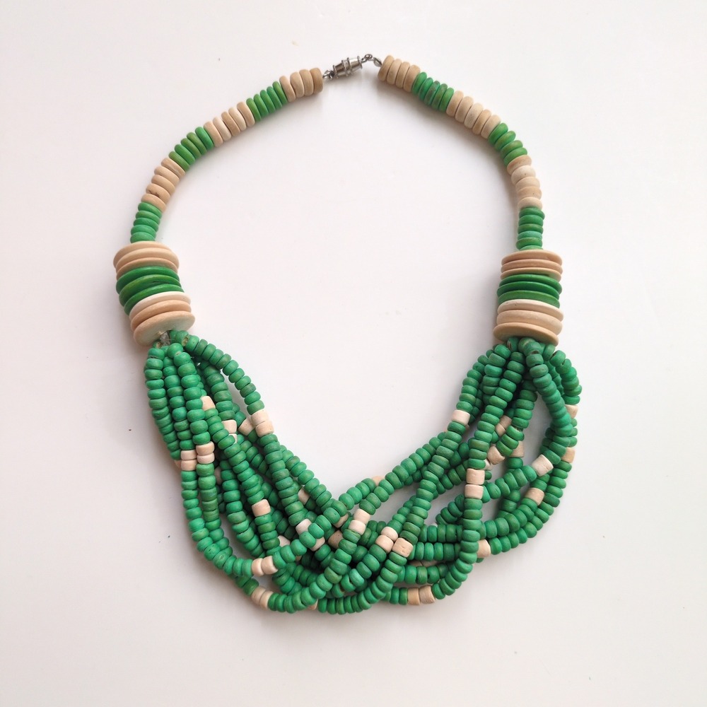 Vtg Boho Multi Strand Wood Bead Necklace Statement Green Natural Wood‎ Bib